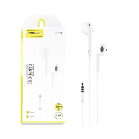 Auscultadores com Cabo Foneng T34 com Microfone 3,5mm 1,2M Branco